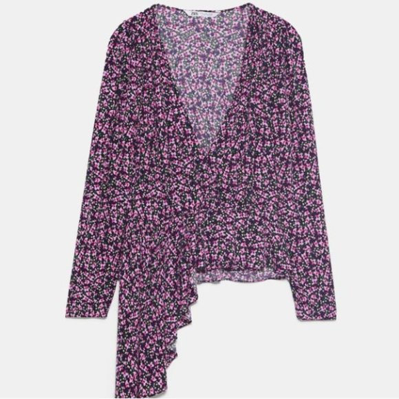 Pink and purple floral blouse with deep v neck and single side high low ruffle - Picture 2 of 9